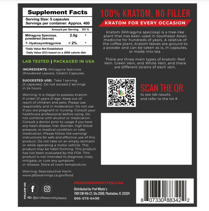 Prof Whyte’s Calm – Red Vein Kratom Capsules (.5g)